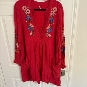 Free People Red Pleated Embellished Mini Dress